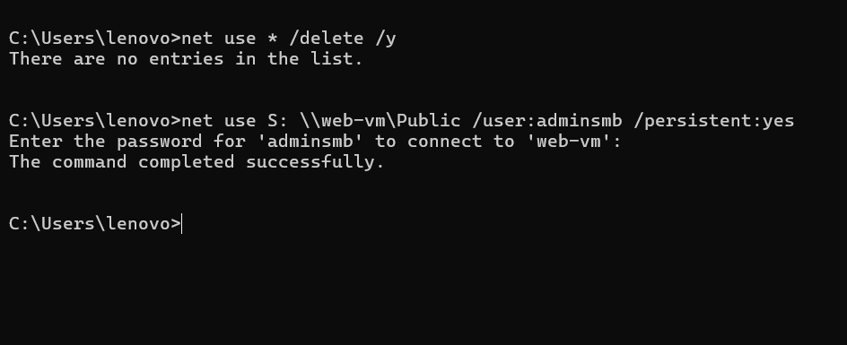 Windows net use mapped drive success